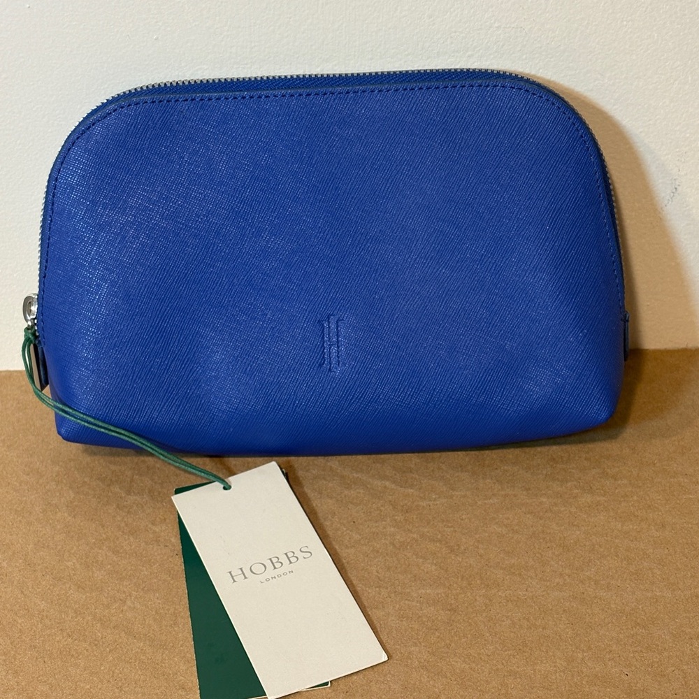 Hobbs Blue Leather Pouch Makeup Bag Cosmetics Case Sapphire NWT